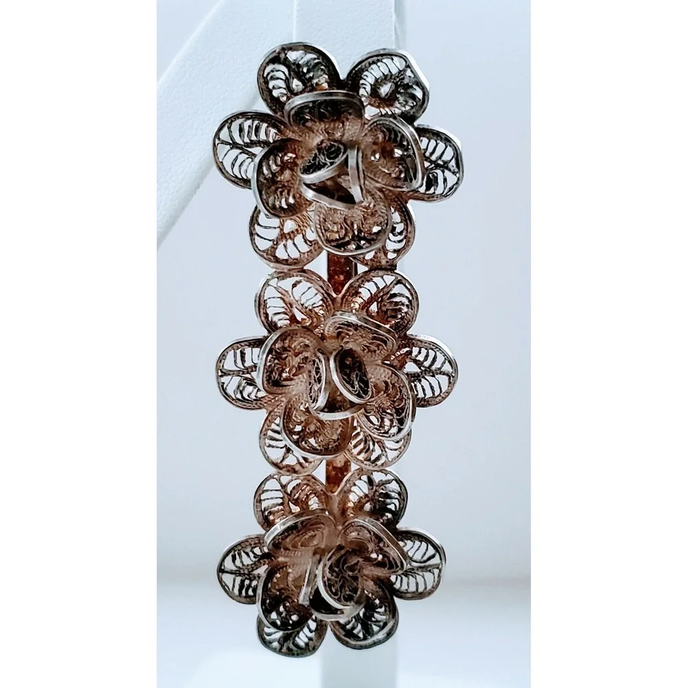 Vintage Sterling Silver Mexico Trio Filigree Design Rosebud Brooch Pin